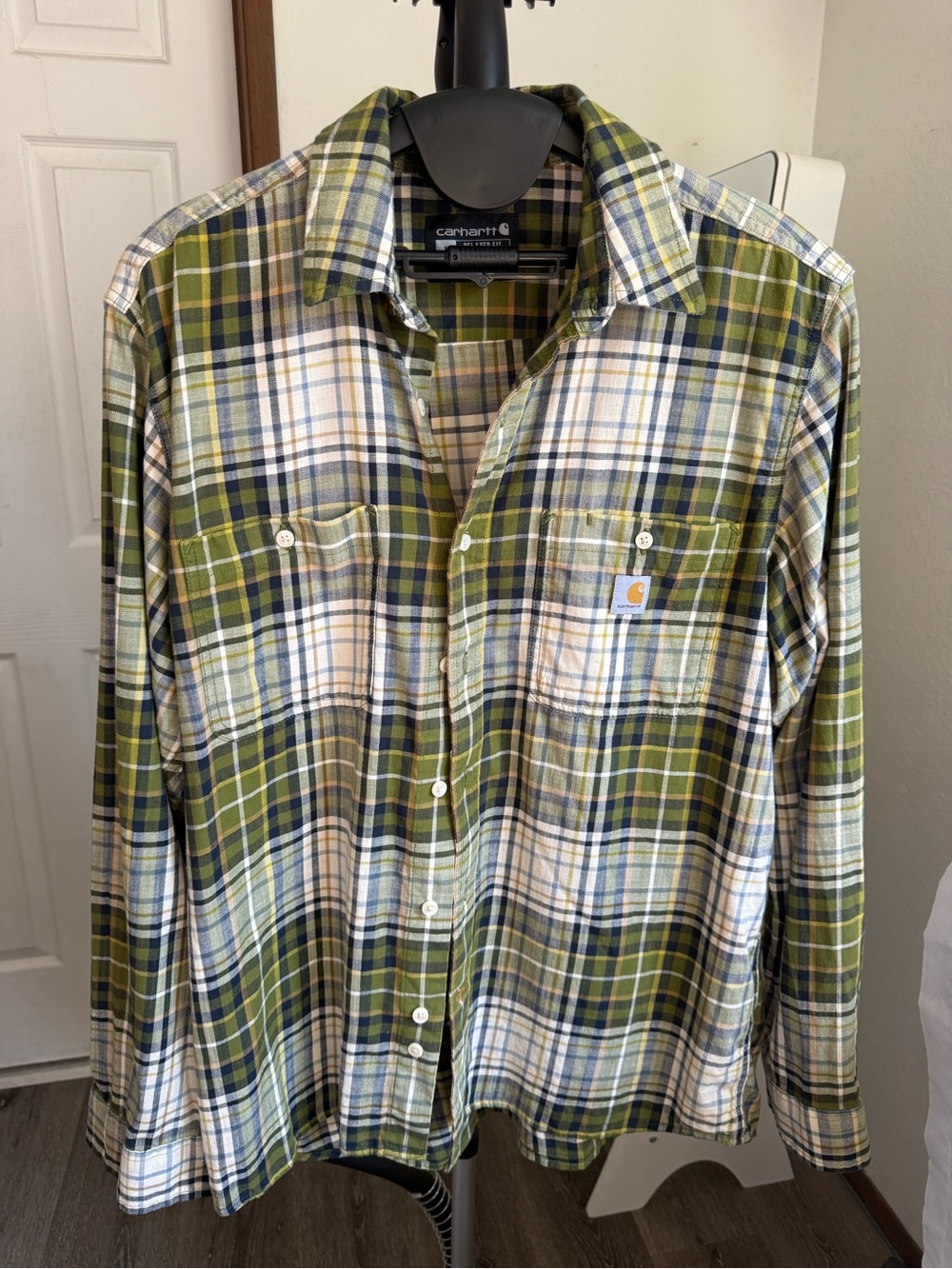 Carhartt Men’s Green and Cream Plaid Button-Down Shirt